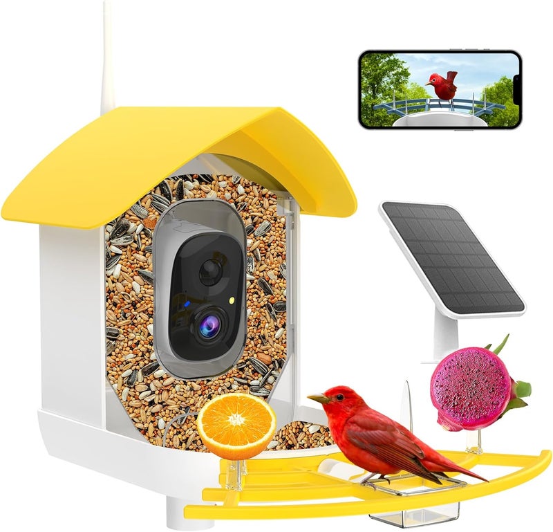 Fazoxo Smart Bird Feeder with Camera, Birds AI Identify, Motion Detection with Real-Time Notice, WiFi FHD Bird Camera, Auto Capture, Solar Powered Outdoor Charging Bird House, IP65 Waterproof,Yellow - Image 1